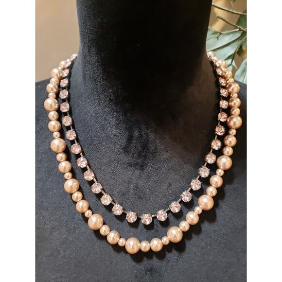Womens 2 Strand Faux Pearl Rhinestone Trim Bling Chain Necklace w/ Spring Clasp - Picture 1 of 6